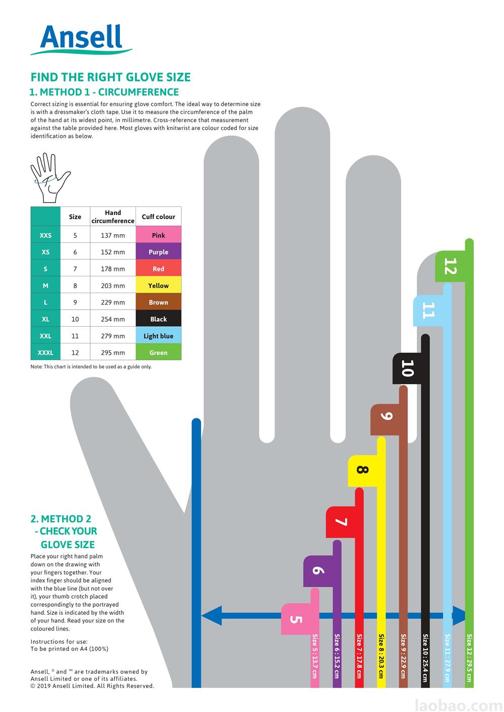 Ansell安思尔手套尺寸表