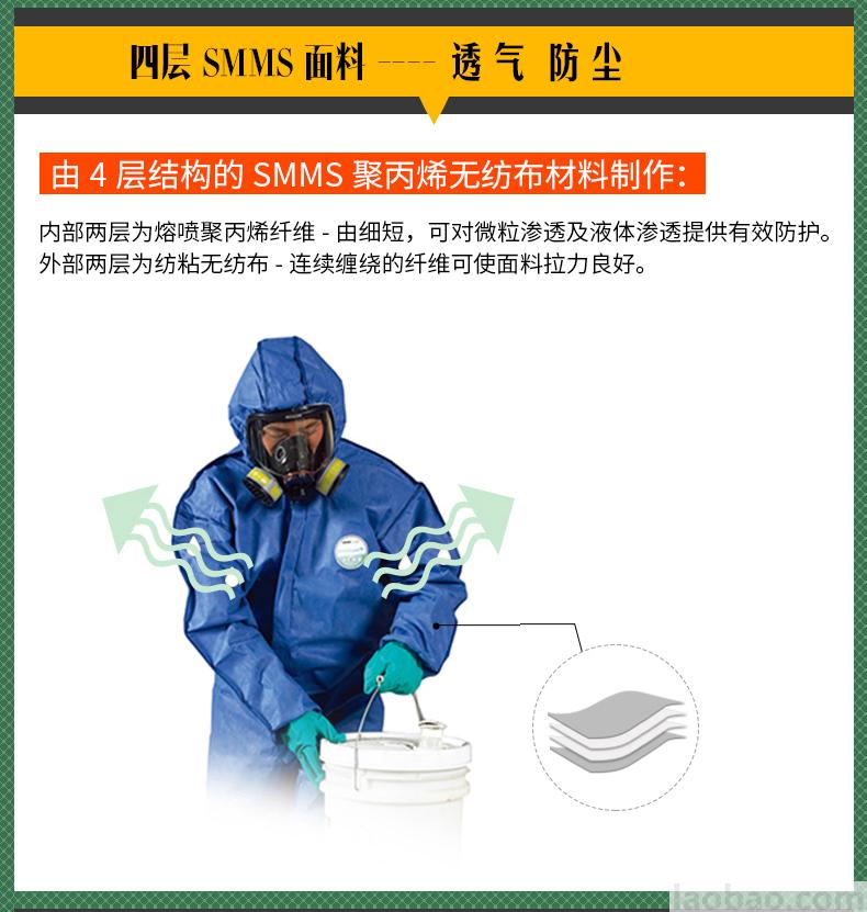 雷克兰防化服连体防尘防颗粒物防液体飞溅化学防护服SMMS428BE